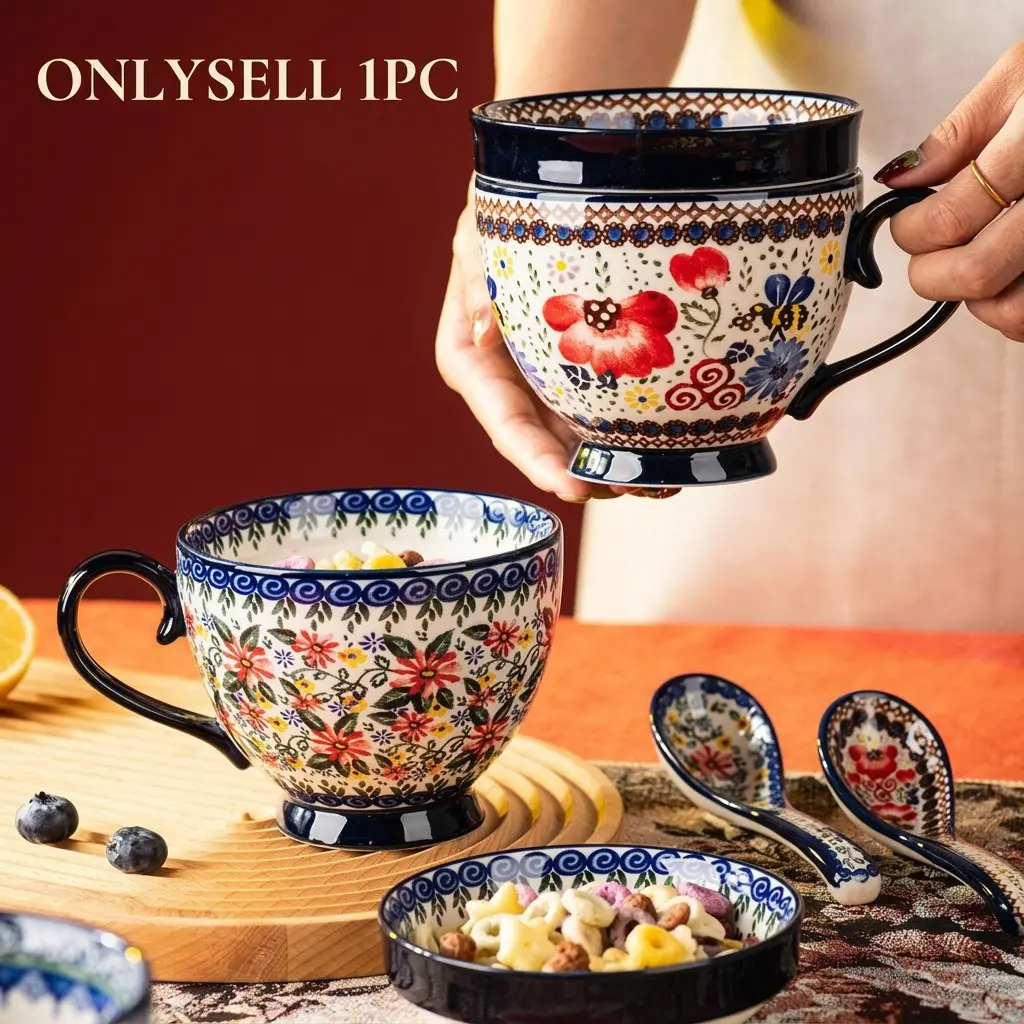 Retro Style Ceramic Mug, Office Coffee Cup, Home Breakfast Cup, Exquisite Polish Water Cup, Floral Pattern, Ideal for Daily Use, Reusable Ceramic Cup