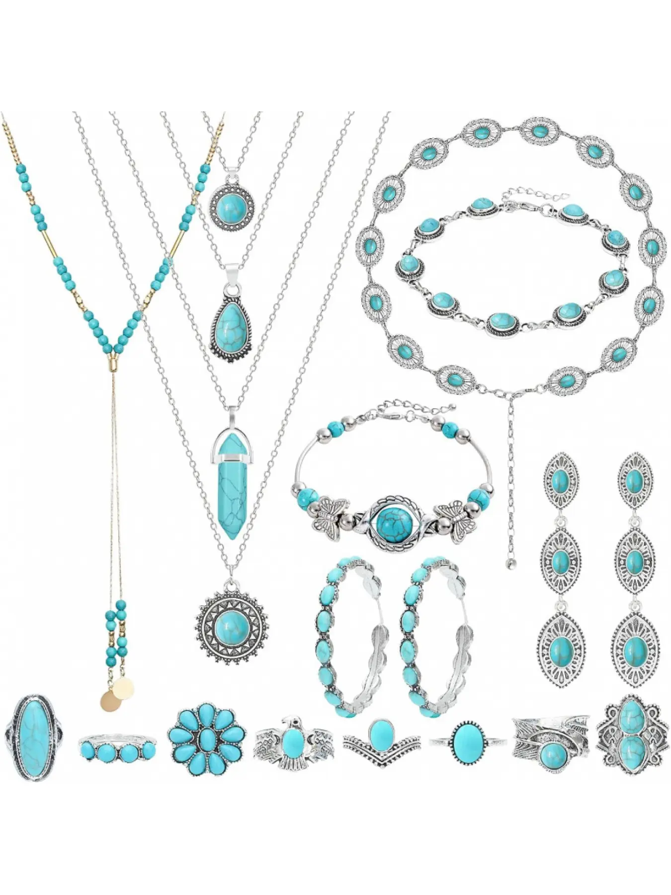 Boho Western Turquoise Jewelry Set for Women, Alloy Multi Layer Pendant Necklace Bracelet Ring Stud Earrings, Vintage Retro Versatile Bohemian Jewelry Accessories