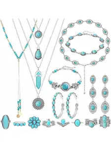 Boho Western Turquoise Jewelry Set for Women, Alloy Multi Layer Pendant Necklace Bracelet Ring Stud Earrings, Vintage Retro Versatile Bohemian Jewelry Accessories