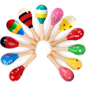 12 Pack 4.5" Wooden Fiesta Maracas Assorted Color and Design,Pack of 12