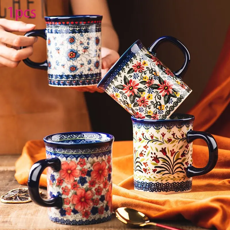 Large Capacity Retro Floral Mug, Hand-Painted Polish Ceramic Cup, Microwave Safe, Dishwasher Friendly, Perfect for Coffee & Tea