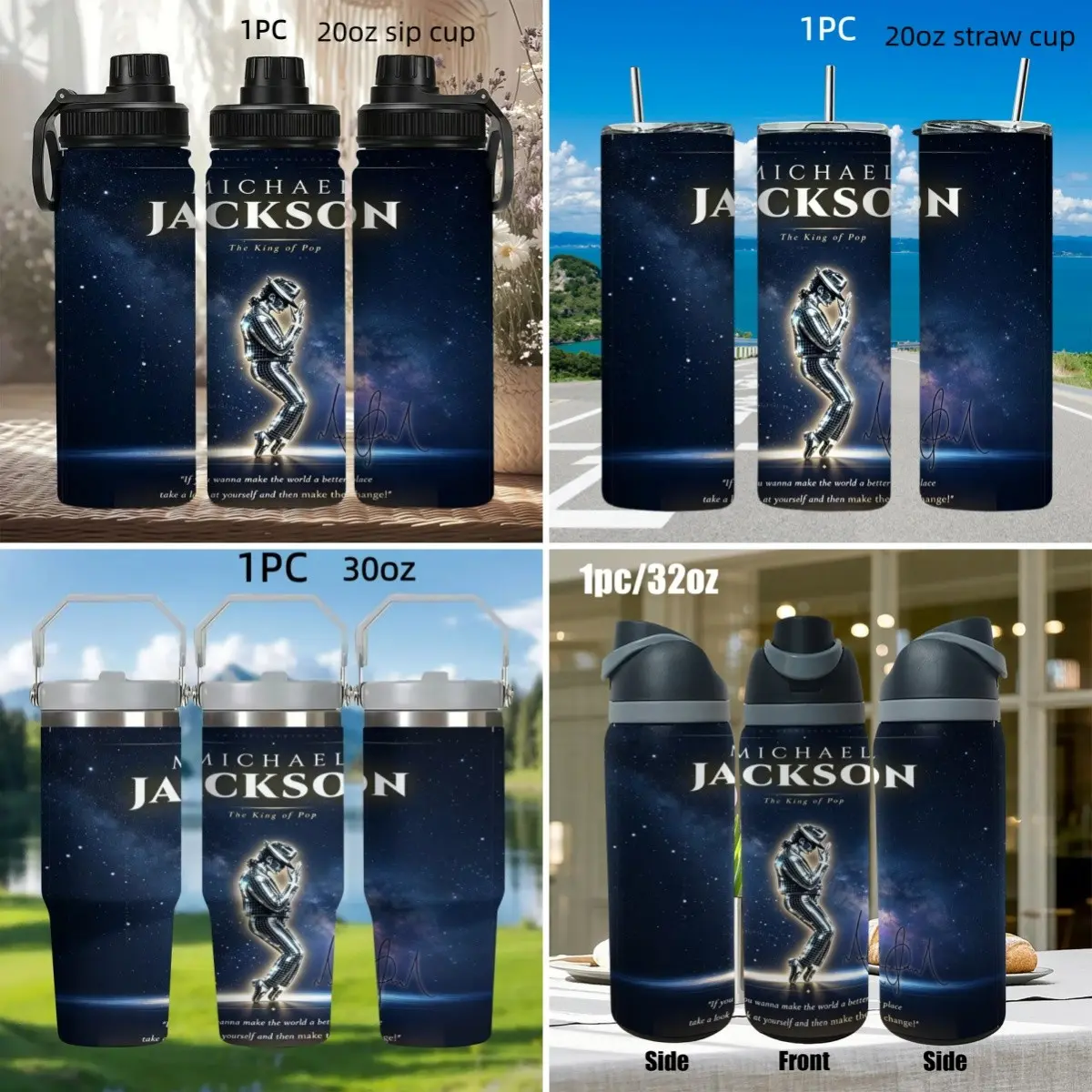 1pc Michael Jackson King of Pop Merch Tumbler, Multi Size 20oz Straight Sip Cup Straw Cup 30oz Portable Handle Cup 32oz Bounce Lid Stainless Steel Insulated Water Bottle, MJ Fan Souvenir Gift for Outdoor Camping Concert Daily Use