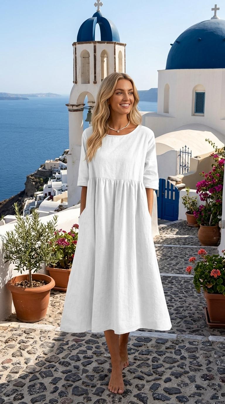 2026 Spring/Summer Round Neck 3/4 Sleeve Plus Size Casual Loose Long Solid Color Cotton Linen Dress