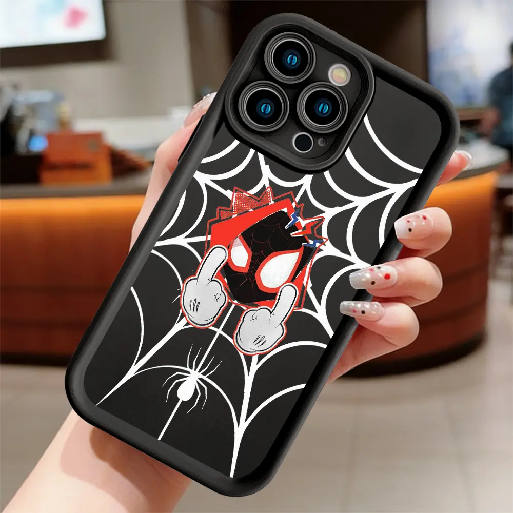 Funny Spider‑Man Gesture Phone Case For iPhone 17 16 15 14 13 12 11 Pro Max Plus X XR XS Playful Comic Superhero Spider‑Web Graphic Soft TPU Shockproof Bumper Cover Large Raised Camera Cutout Anti‑Drop Protective Case