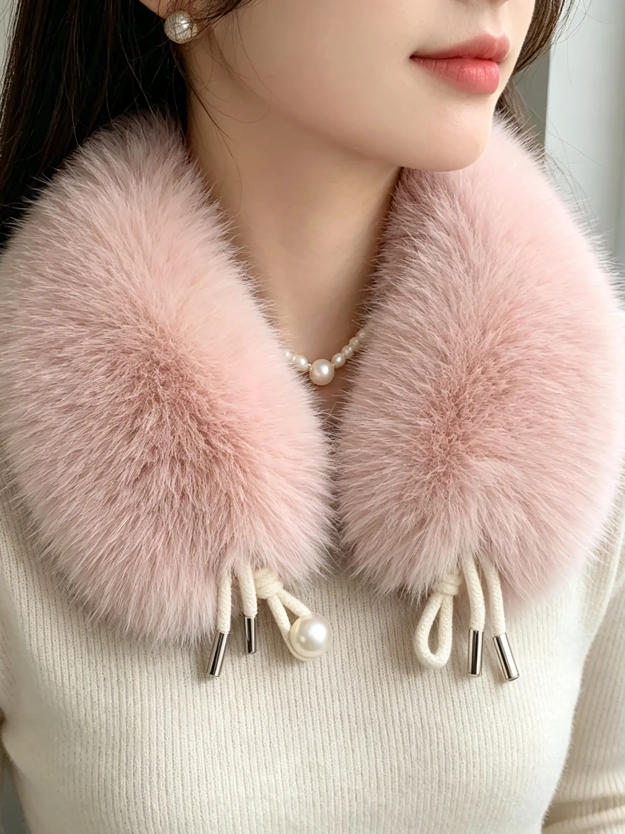 Women Faux Fox Fur Neck Warmer with Pearl Decor, Elegant Soft Plush Windproof Collar Scarf, Stylish Warm Winter Neck Wrap for Daily Party Dating Commute Outfit