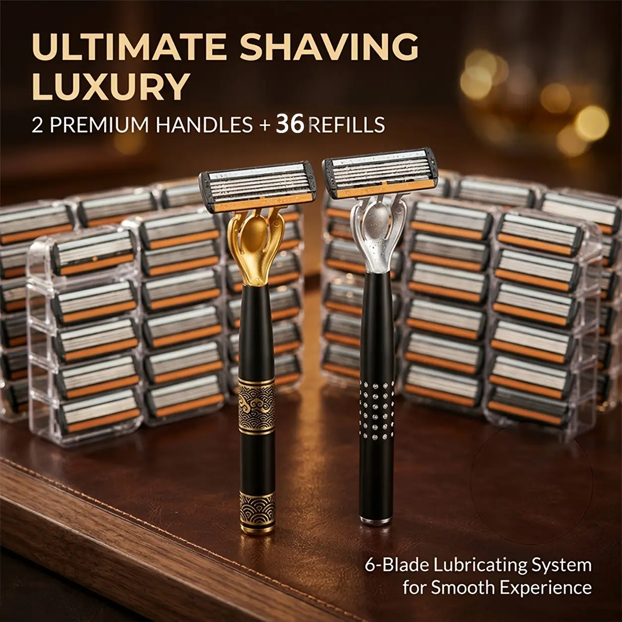 Luxury Shaving Set with 6 Layers of Stainless Steel Blades (2 Handle Blades+36 Replacement Blades) for quick shaving, comfortable veneers, long-lasting sharpness and durability, protecting the stratum corneum, and can be directly rinsed and cleaned