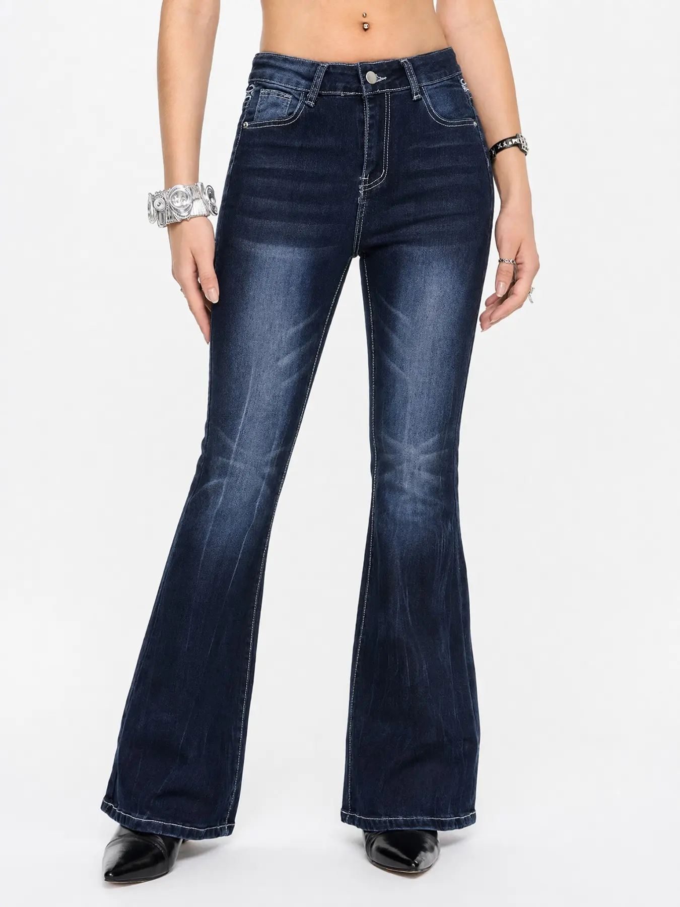 Trendy Western Style Rhinestone Cross Back Pocket Flare Jeans, Dark Wash Distressed Elastic Flare Long Pants, Cowgirl Style