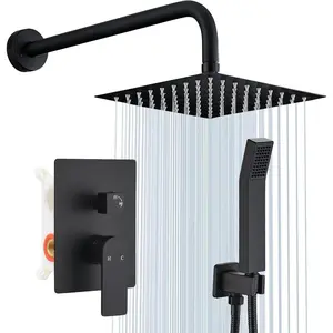Shower Faucet Set Matte Black Shower System Knob  Diverter with High  Handheld  Wall Mount 8 Inch Shower