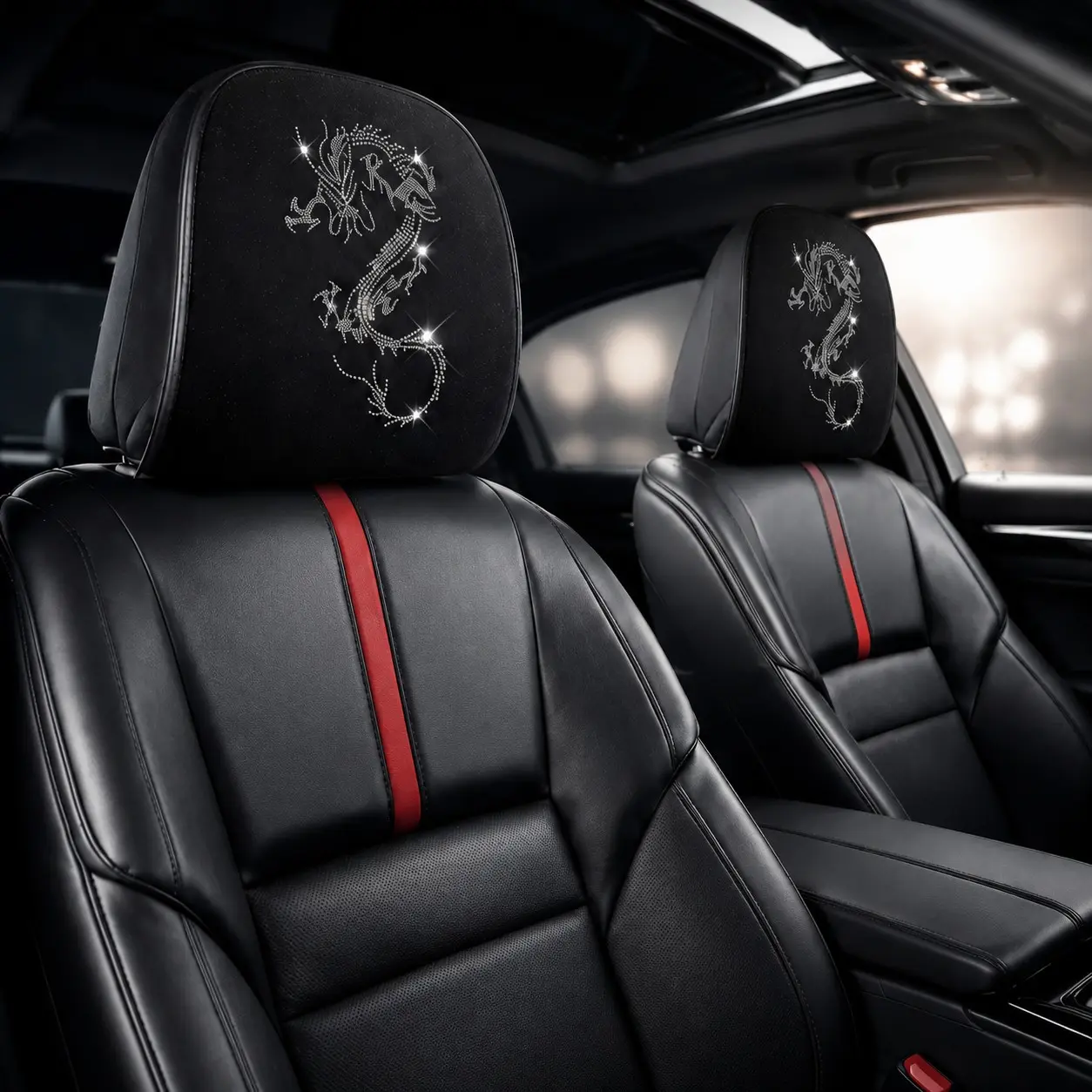 2pcs Sparkly Rhinestone Chinese Dragon Car Seat Headrest Covers, Universal Fit for 99% of Car Seats, Stain-Resistant and Scratch-Proof