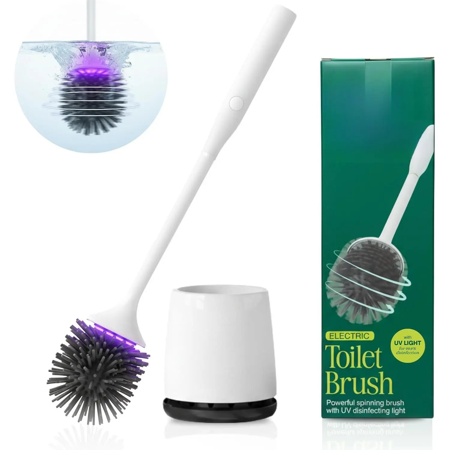 Electric Toilet Brush &  - Self Cleaning  Toilet Bowl Brush with UVC Light, Rechargeable  Spinning Toilet Brush & Holder Set, Wall Mount or Floor Standing (Pack of 1)