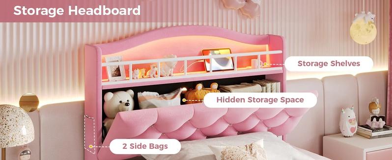 Sikaic Twin Size Princess Velvet Upholstered LED Bed Frame Pink Headboard & Storage Charging Station with RGB Lighting & 2 Outlets for Kids Sikaic Twin Size Princess Velvet Upholstered LED Bed Frame Pink Headboard & Storage Charging Station with RGB Lighting & 2 Outlets for Kids