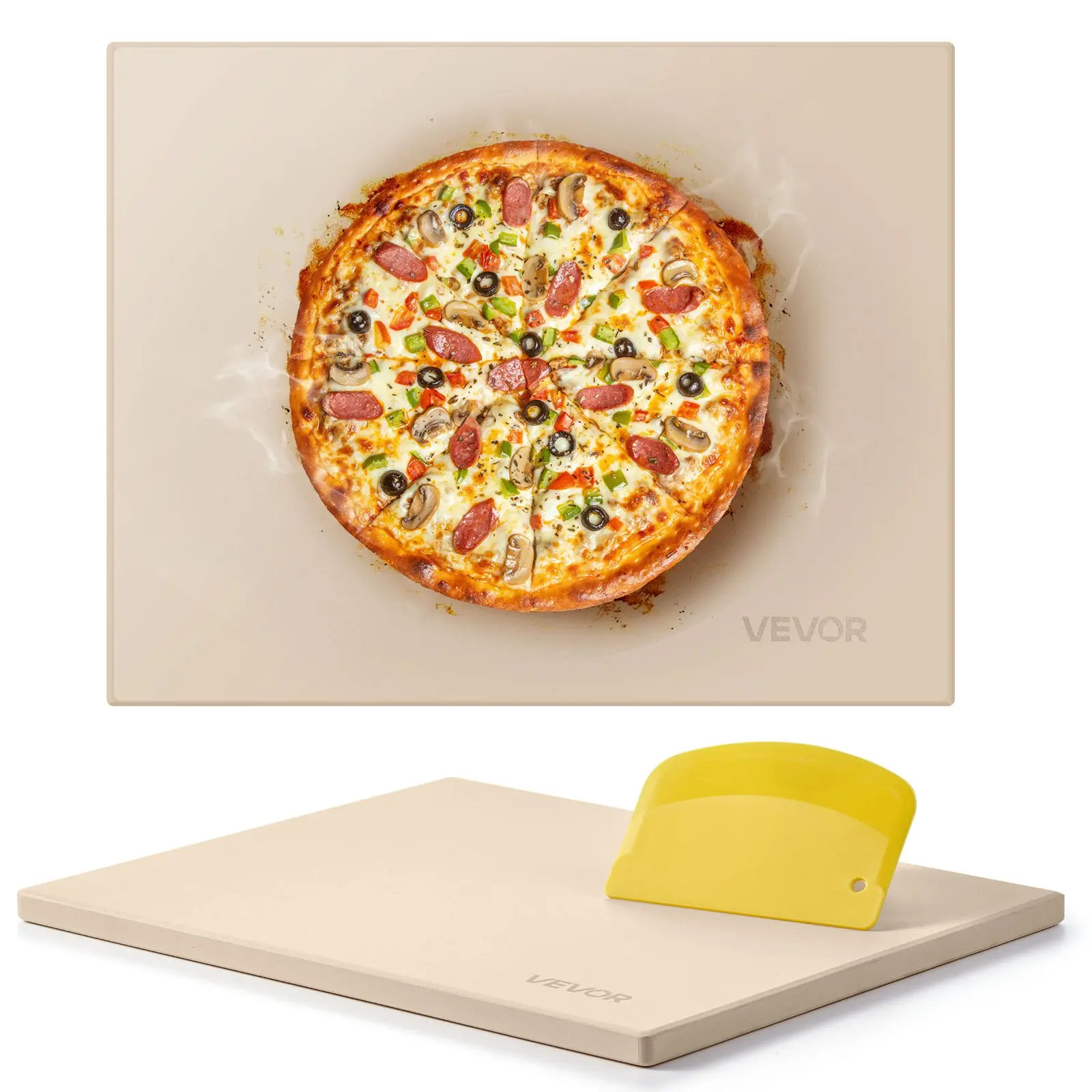 VEVOR Pizza Stone, 15x 12 in Rectangular Cordierite Pizza Stone, Extra Large Baking-Stone with Scraper, 0.6 in Thick Heat-Resistant Cordierite, for Kitchen Oven, Baking Bread Pizzas, BBQ Grilling