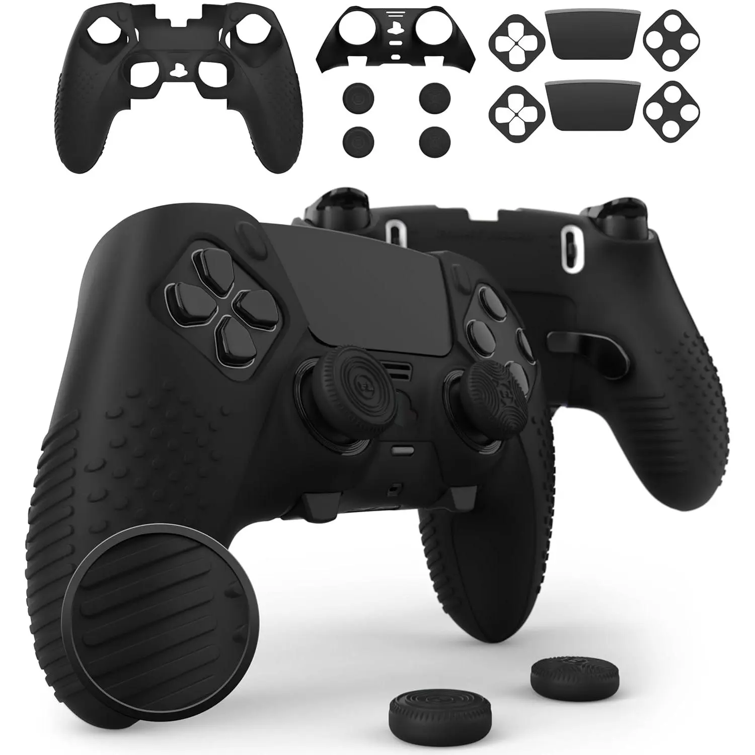 Eclipse PS5 Edge Controller Skin Combo Set| Dock Compatible, Protector Decals, Anti-Slip Soft Gel Silicone Cover, Faceplate Shell & Thumb Grips for PlayStation 5 DualSense Edge (Black)