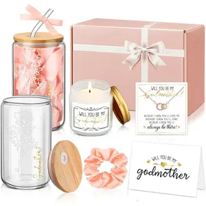 6 Pcs Godmother Proposal Gift Set, Will You Be My Godmother Gift Box, 16oz Glass Cup, Necklace & Scented Candle from Godchild for Baptism Mother’s Day Birthday(English,Pink)