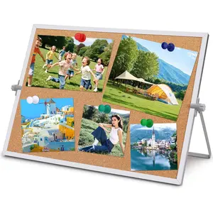 11.81"×15.74" Double Sided Cork Bulletin Board with Silver Aluminum Border, Desktop Small Cork Board with Stand for Home Office Desk Message or Picture Board