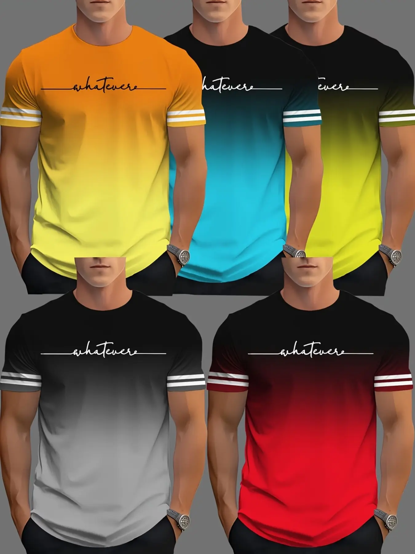 5-Pack Men's Fun Print T-Shirts, Casual Daily Wear, Streetwear, Slim-Fitting Short Sleeve, All Seasons, Long Length, Plain Surface, Unlined
