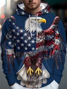 Men's Streetwear Hoodie with Eagle and American Flag Design, Casual Long Sleeve Fitted Hoodie, Raw Wash Graphic Print, All Seasons