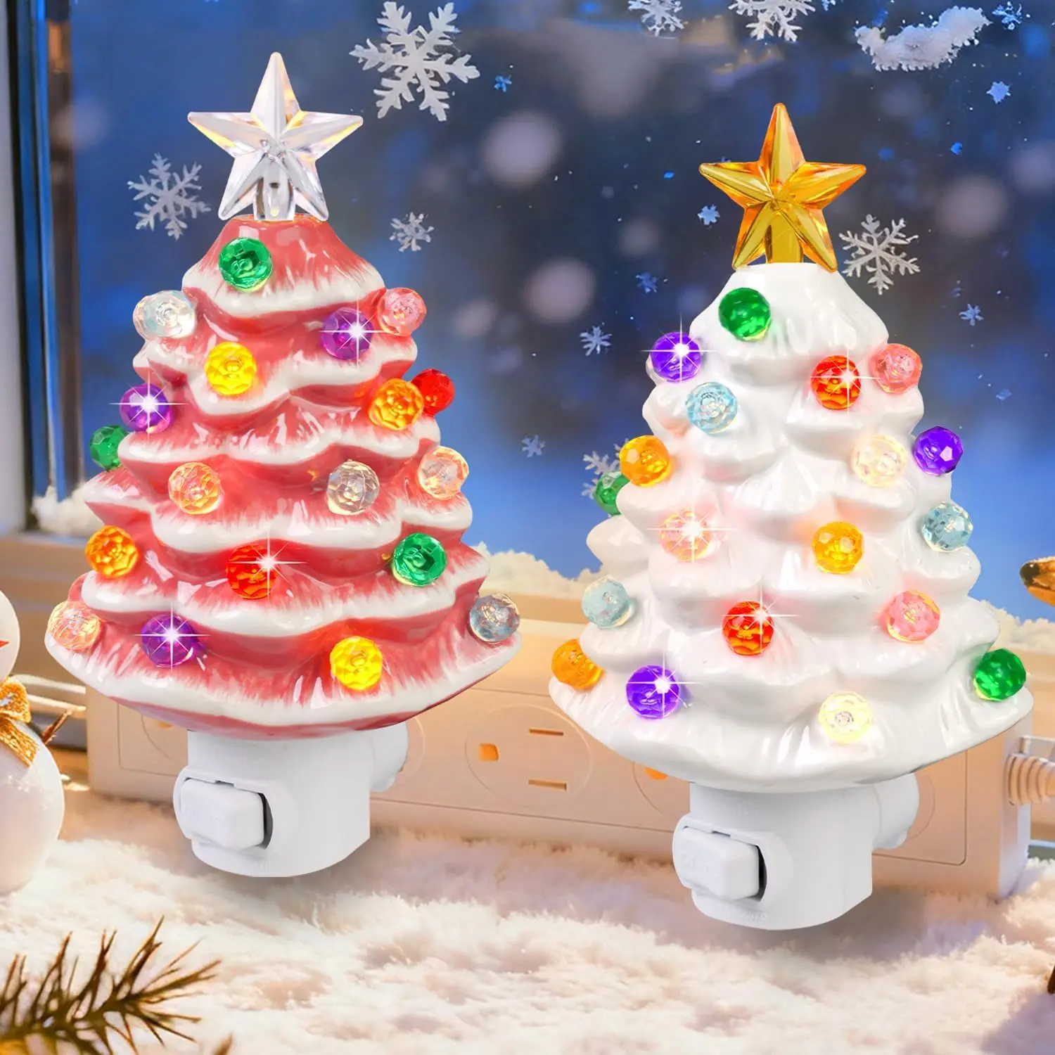 2 Pack Valentines Day Gifts Night Light Plug in,6.3" Ceramic Valentine Tree Nightlight,360° Rotatable Valentines Day Tree, Valentine's Day Decoration That Light Up, & White