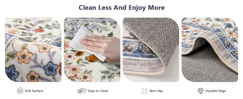 8x10 Area Rugs, Machine Washable Low Pile Floral Faux Cashmere Rugs for Living Room, Bedroom, Large Boho Area Faux Cashmere Rug with Non-Slip Backing for Dining Room(Beige Floral)