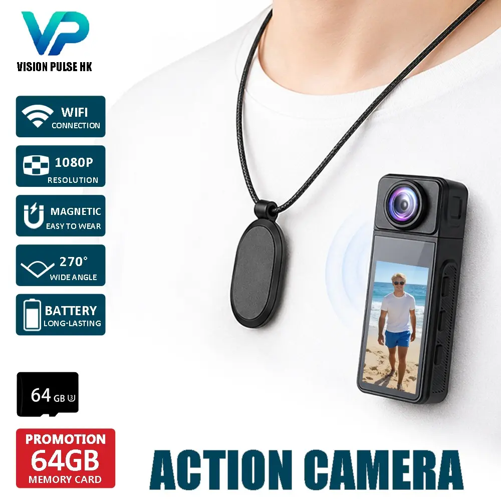 2026 New 1080P Portable Action Camera, Back Magnetic Absorption Body, 270° Rotating Lens, Free Gift Lanyard, WiFi Hotspot Transmission, Ideal for Cycling Recording Bike Camera, Pet & Outdoor Sports Shooting, Optional 32GB/64GB Memory Card