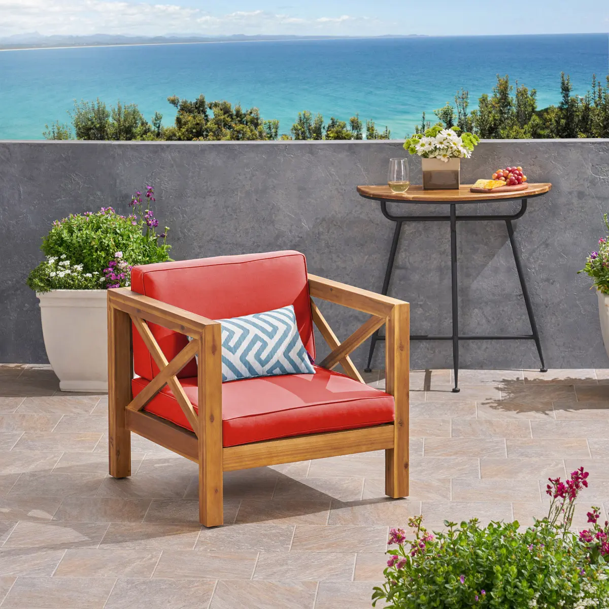 Christopher Knight Home® BRAVA Mid-Century Cross-Back Acacia Wood Club Chair - 1-Person, Slat Design, Durable Hardwood, Weather-Resistant, Assembly Required, Single Person