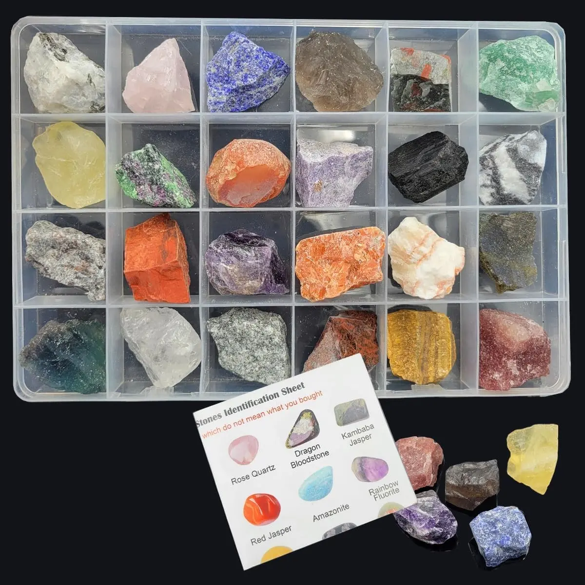 24Pcs Rock & Mineral Collection Kit - Natural Raw Crystals Gemstones Rough Stones for Tumbling, Polishing, Wicca & Reiki, Adults & KidsGift