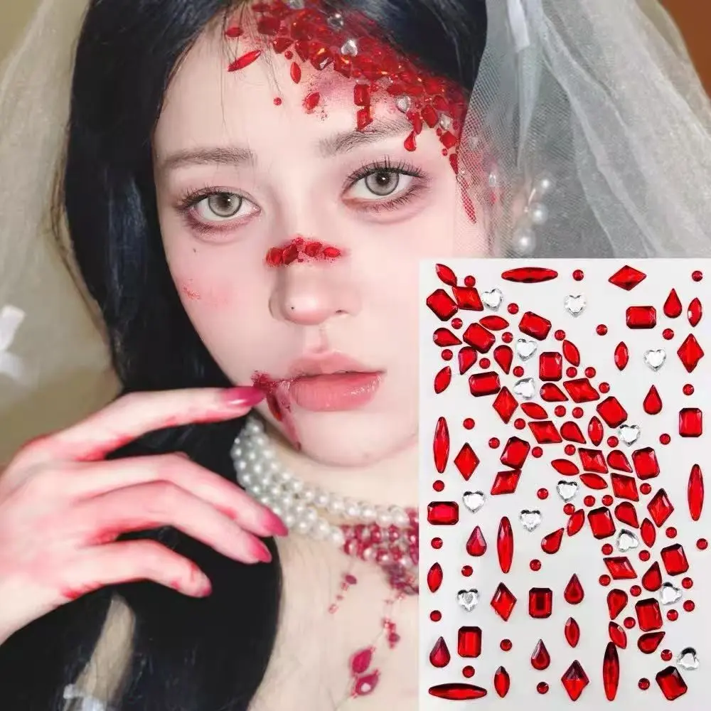 2/1PCS Blood Stain Square Water Drop Rhinestone Stickers + Geometric Rhinestone Stickers Halloween Costume Party Gift Face & Body Decoration
