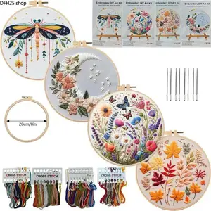 Garden Plants Embroidery Kit for Beginners, DIY Hand Stitch Needlework Set with Pattern Guide and Embroidery Materials for Home Decor Crafts
