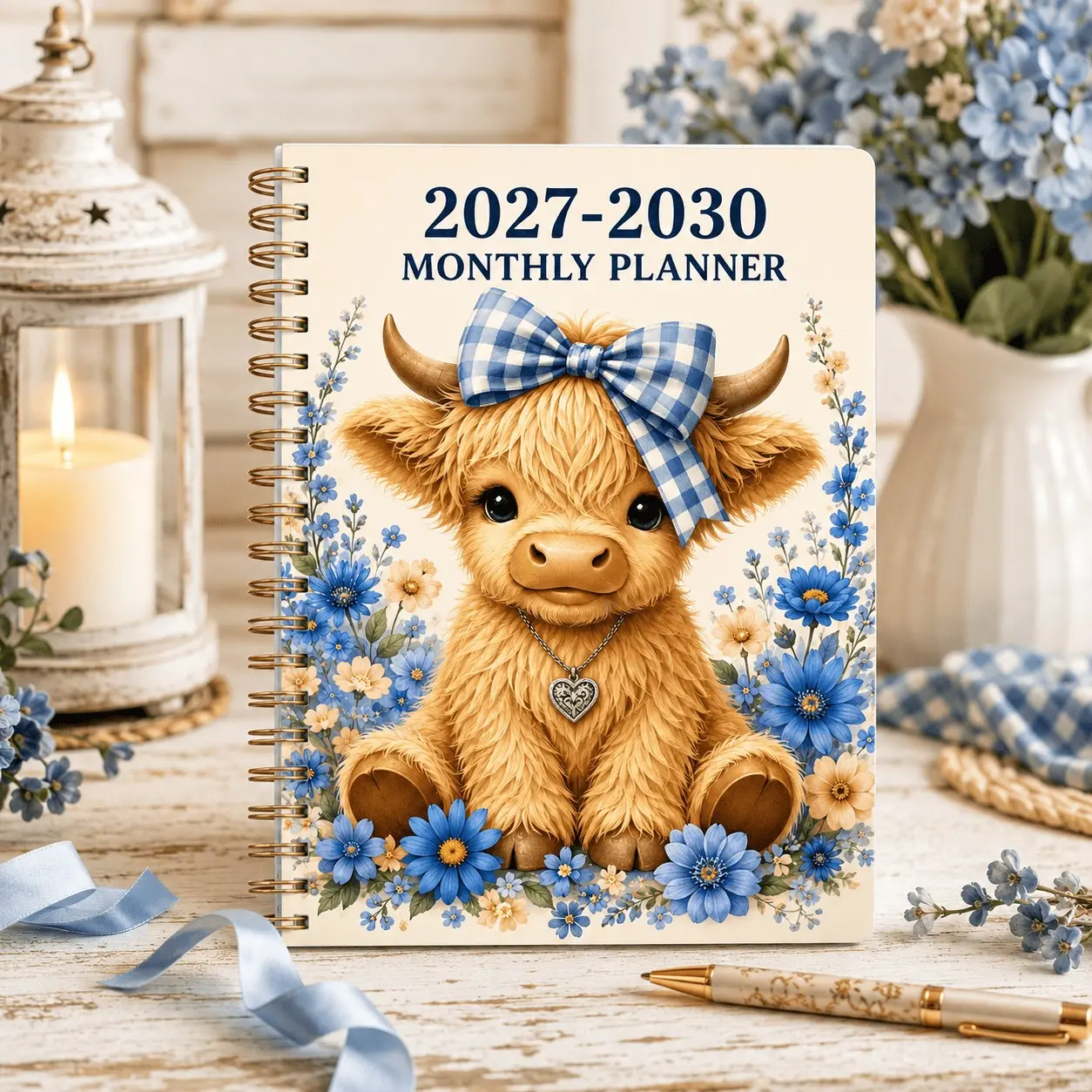 2027-2030 Four-Year Monthly Planner Notebook, Cute Golden Retriever Highland Cow Blue Floral Design, High-Quality Student Schedule Organizer