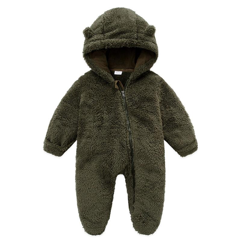 Newborn Baby Boys Girls Winter Jumpsuit Cute Bear Snowsuit Fleece Long Sleeve Footed Hooded Zipper Romper Winter Coat Outwear Warm Outfits