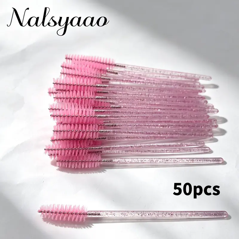 50 Pcs Crystal Handle Eyelash Brush Set, Spiral Head Dual-Use Makeup Tool, Soft Nylon Bristles, Gentle on Lashes and Brows