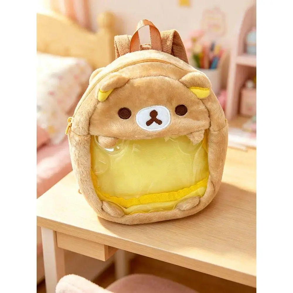 Cute cartoon teddy bear plush mini backpack transparent bag with adjustable shoulder strap outdoor doll small card display bag