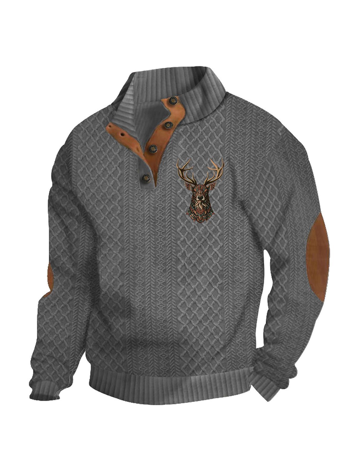 Men's Reindeer Print Patchwork Contrast Trim Jacquard Sweatshirt, Regular Fit Casual Comfy Long Sleeve Half Button Front Stand Collar Pullover for Spring & Fall, Fashion Men's Top for Daily Wear