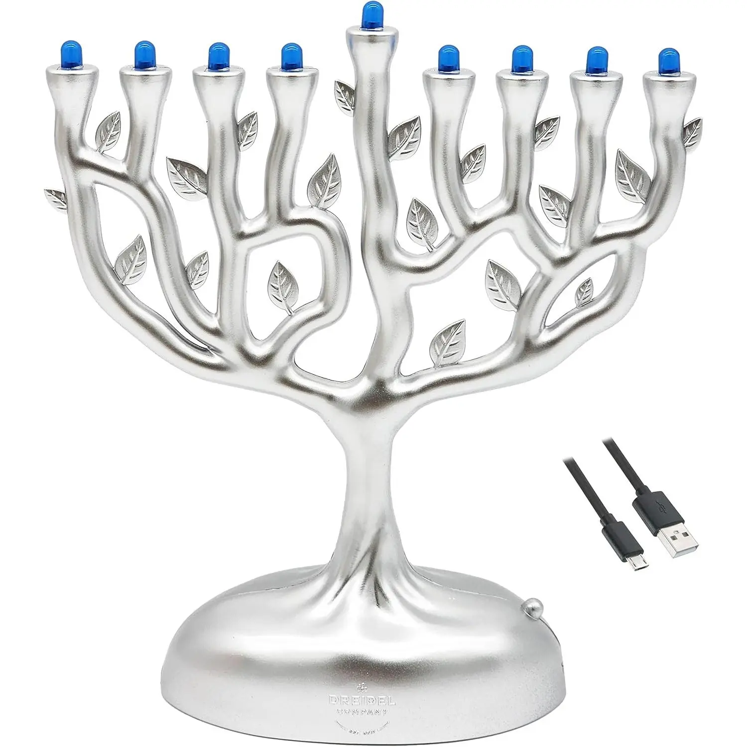Silver Matte Small Electric Hanukkah Menorah Tree of Life Design LED Travel Use Batteries or USB Powered 4 Inch Micro USB Cable Included 6 Inches Tall