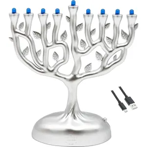 Silver Matte Small Electric Tree of Life Design Hanukkah Menorah LED Travel Light, Light It Anywhere, Battery/USB Powered, 4 Inch Micro USB Cable Included, 6 Inches Tall