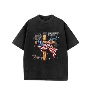 washed cotton American Flag One Nation Under God Blessing Women Men Tee |   4th Of July Firework USA Patriotic T-Shirt