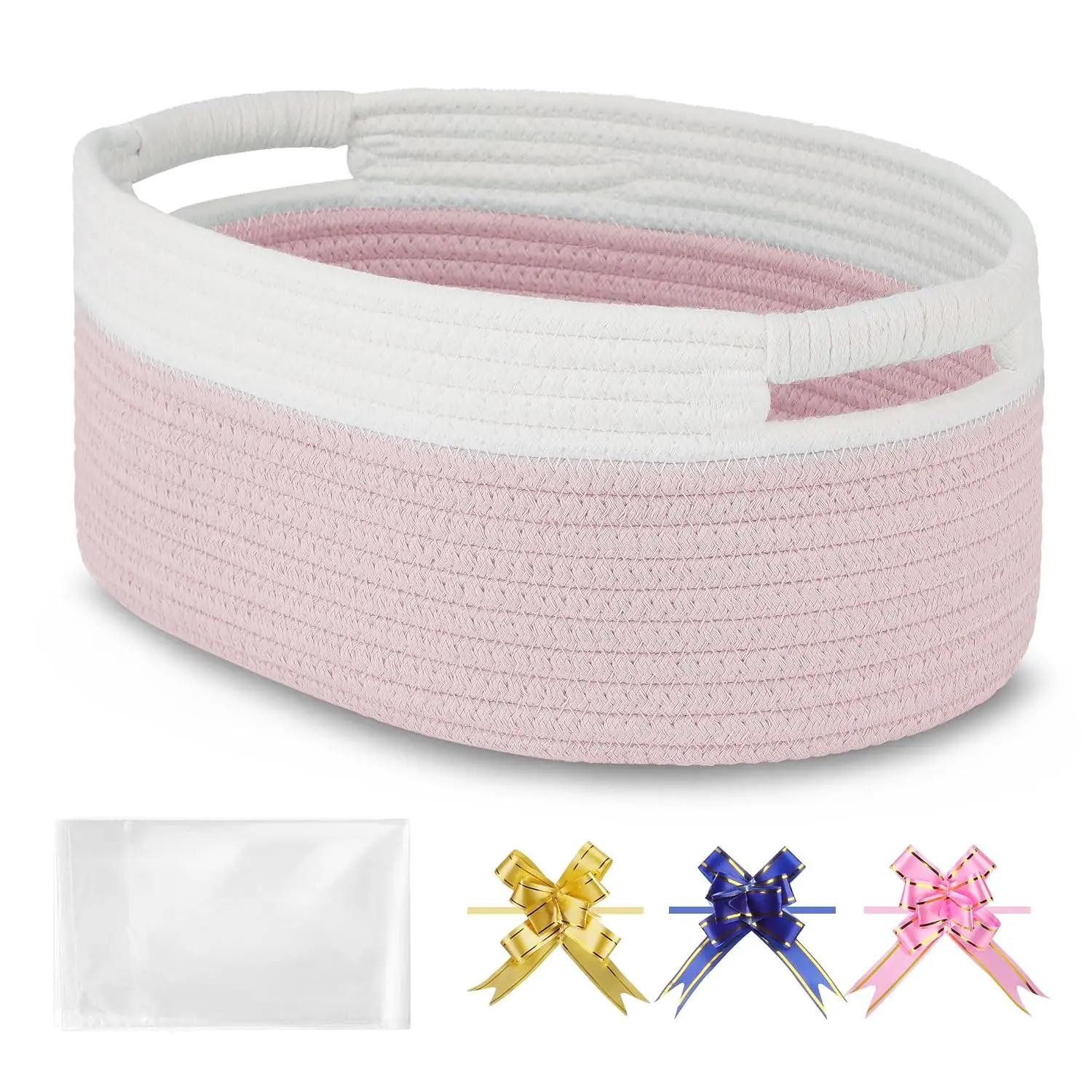 Light Pink Cotton Woven Fabric Small Organiser Basket (13" x 9" x 5.5") - Christmas Empty Baby Gift Basket Pack with Gift Bag Set, Ribbons, Storage Bin, Pet Toy Box