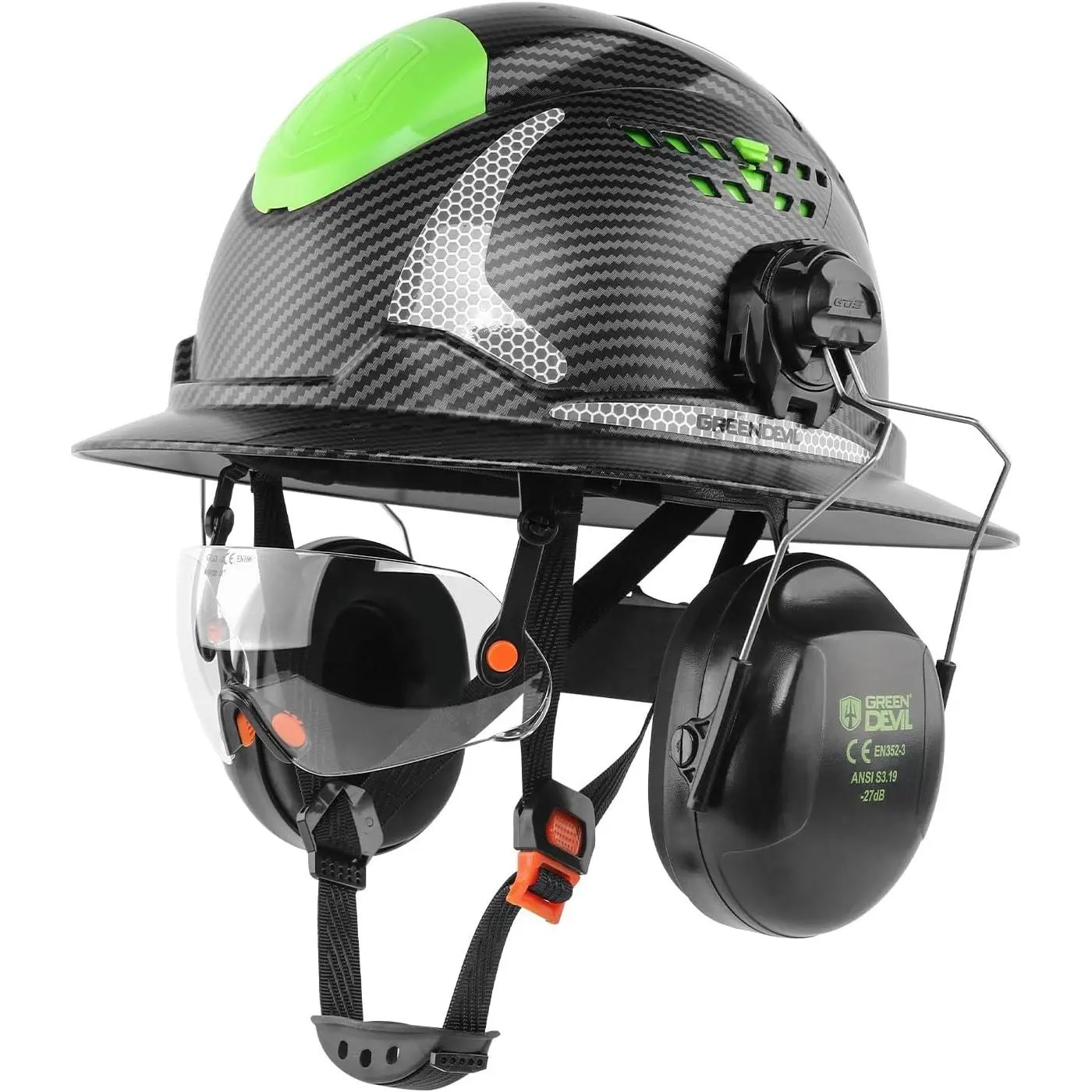 Full Brim 4-in-1 Work Helmet with Flip-Up Visor & Earmuffs, Vented Shell, Adjustable Ratchet Suspension, Sweatband, Chin Strap, Hi-Viz Reflective Stripes, Lightweight HDPE, Construction & Outdoor Use