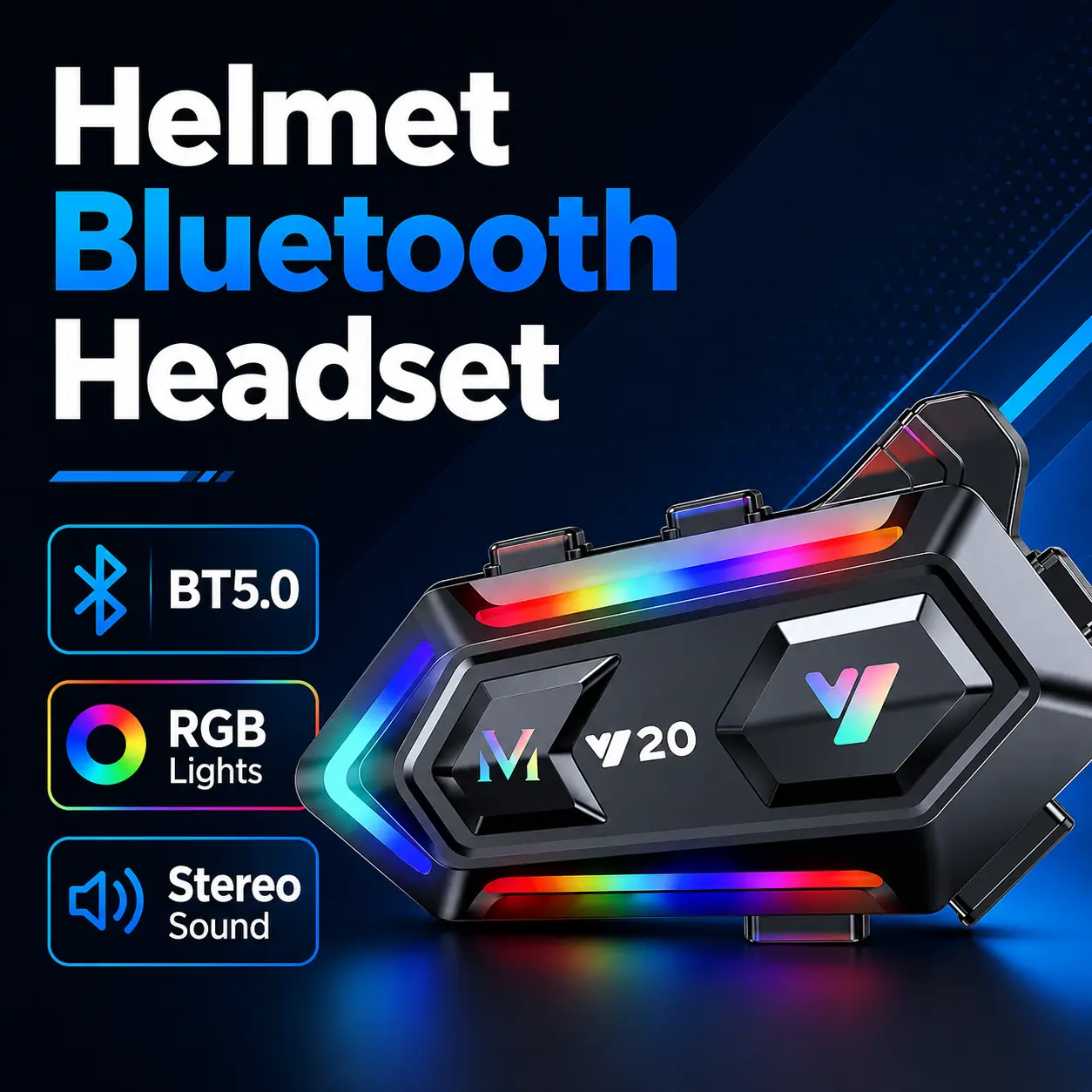 Wireless Motorcycle Helmet Headset with Bluetooth 5.0, Stereo Earphones, Noise-Reducing Microphone, Colorful RGB Lighting & Waterproof Design
