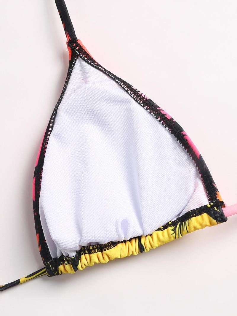 Women's Vacation Palm Tree Printed Halter Bikini Set With Tie Strings And Matching Bikini Set Cover-Up Skirt, Random Print, 4pcs/Set Summer Beach