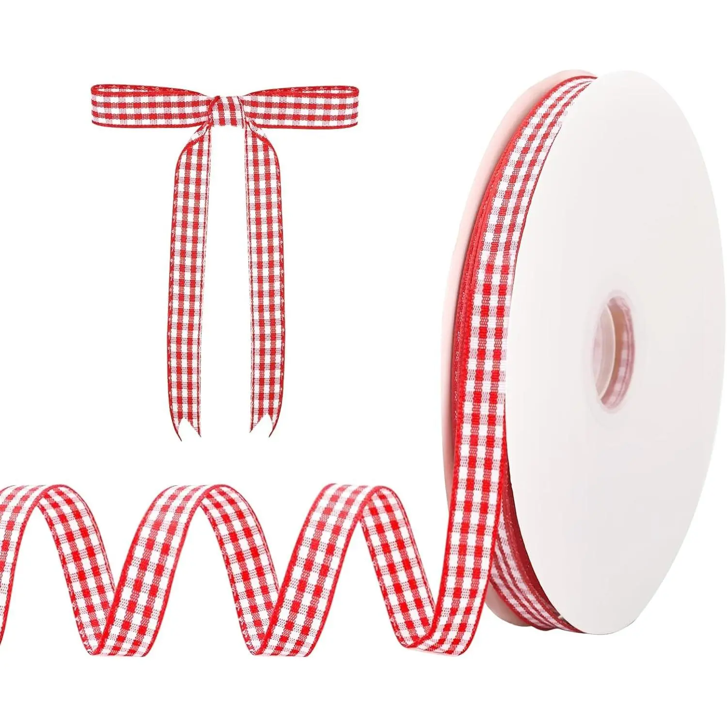 Red and White Gingham Ribbon, 3/8IN x 50Yd - Elegant Thin Red Checkered Ribbon for Christmas Gift Wrapping, DIY Crafts and Hair Accessories, Polyester Woven Edge for a Classic Touch