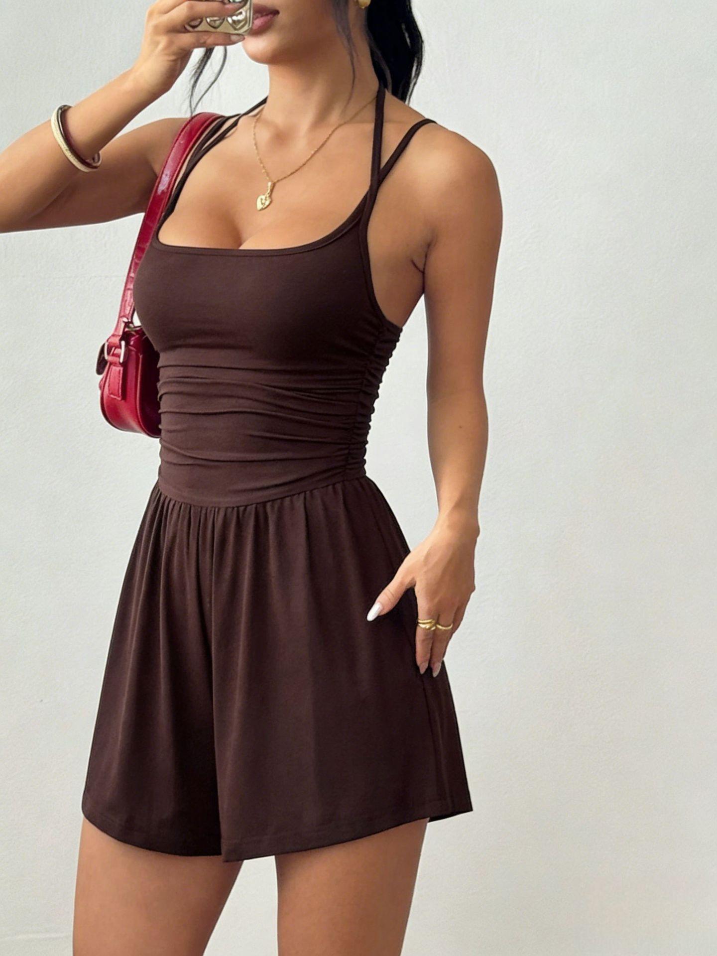 Women Halter Neck Romper Ruched Waist Summer Jumpsuit Sleeveless Backless Bodysuit Shorts Sporty Casual One Piece Outfits