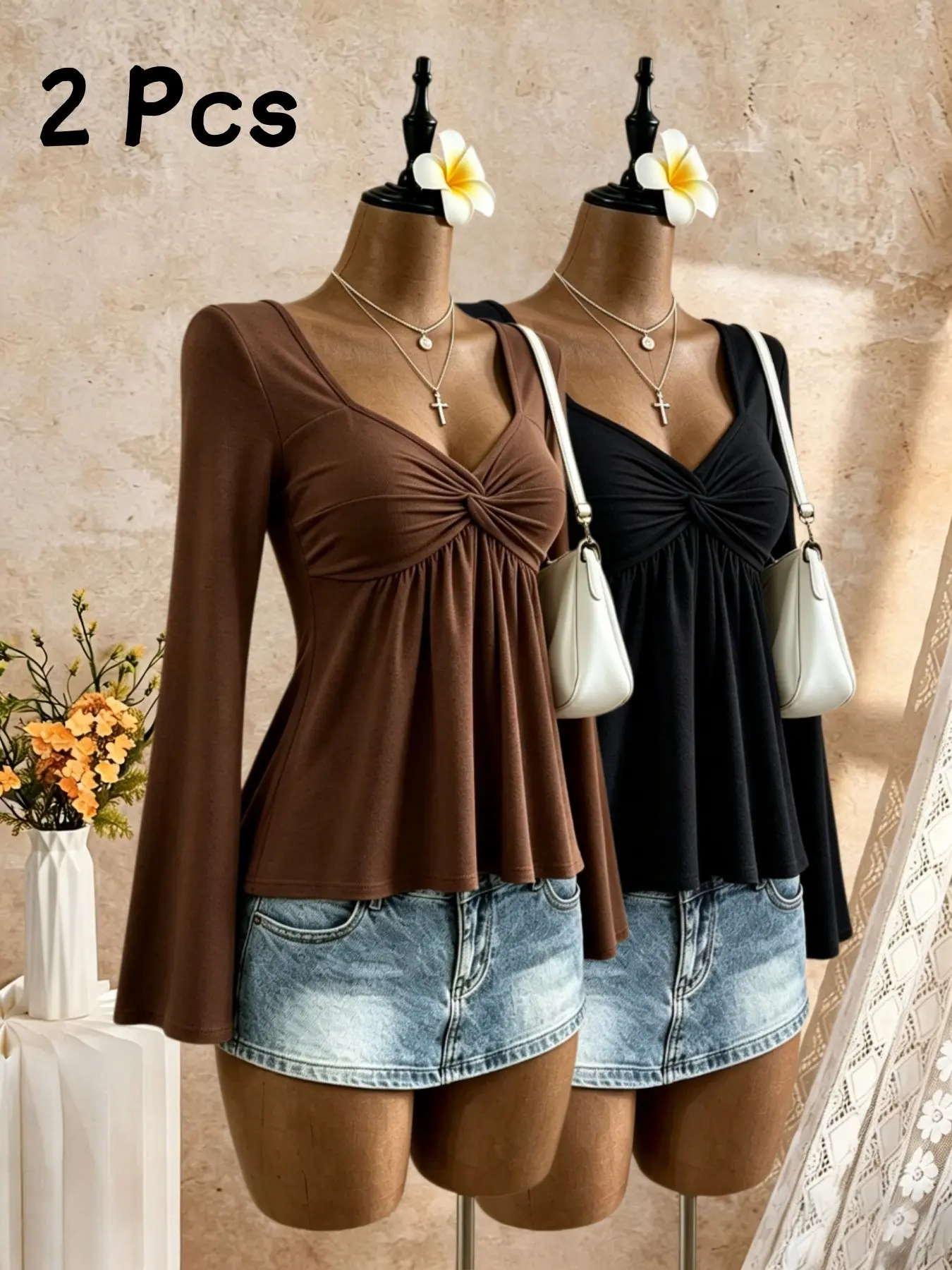 Women's Heart Knot Front Bell Sleeve Top Set, High Waist A-Line Long Sleeve Knit T-Shirt, Casual Streetwear Fit for Spring & Fall