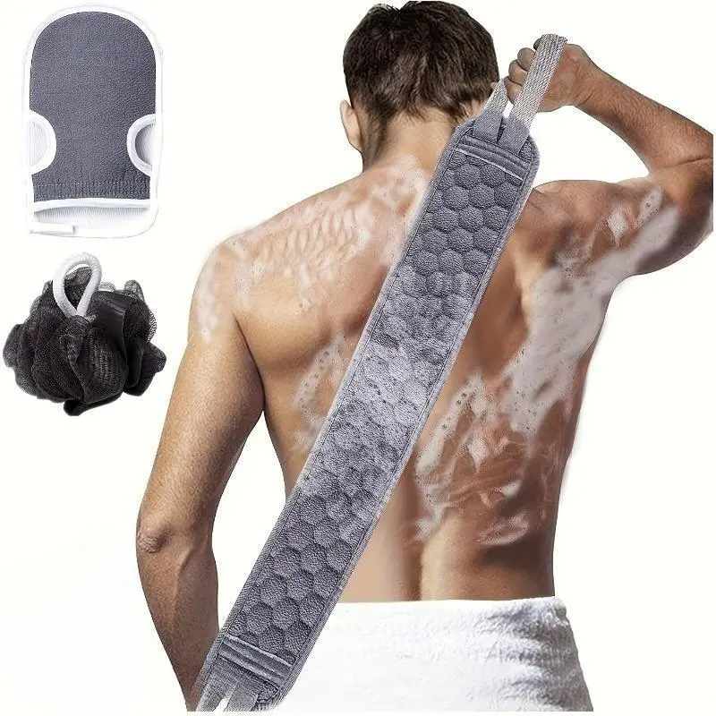 3-Piece Spa Exfoliating Bath Set with Loofah Back Scrubber, Glove Mitt, and Pouf Sponge for Personal Body Care
