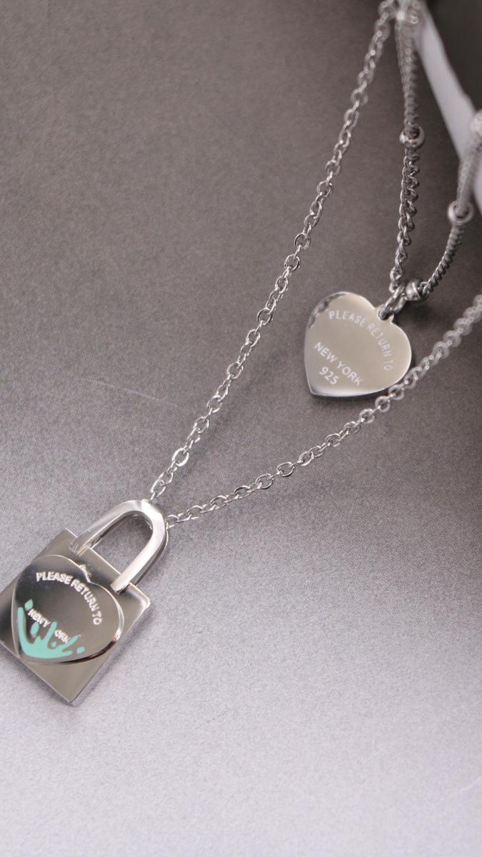 T's  Blue Oil Dripping Lock Heart Double-Layer Necklace Female 18K Gold Sweet Style Clavicle Chain