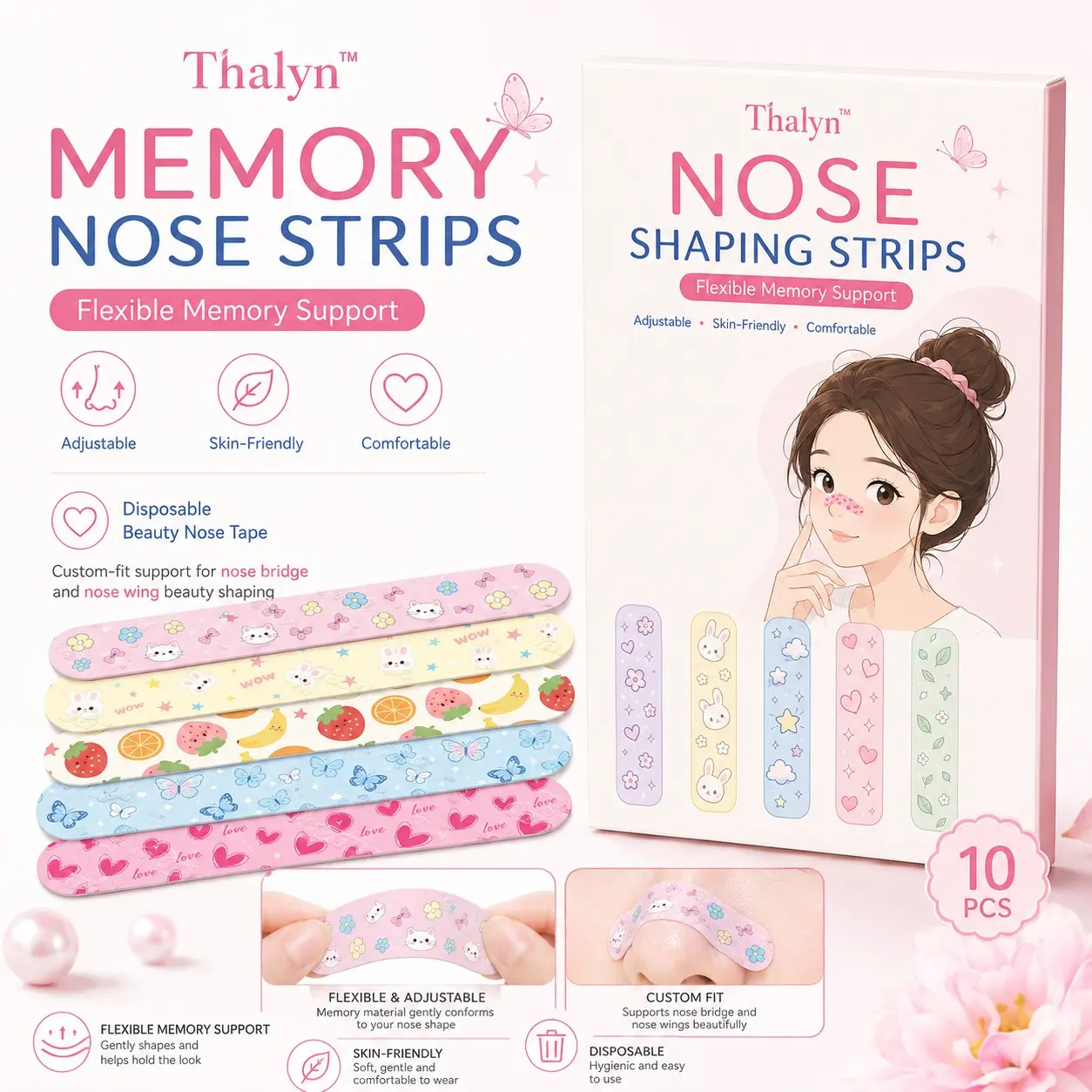 10 Pcs Cartoon Print Nose Shaping Patches, Adjustable Flexible Nose Bridge Lifting Stickers, Skin-Friendly Disposable Nose Beauty Mask, Nose Strips, Adjustable Nose Shaper, Facial, Daily, Gentle