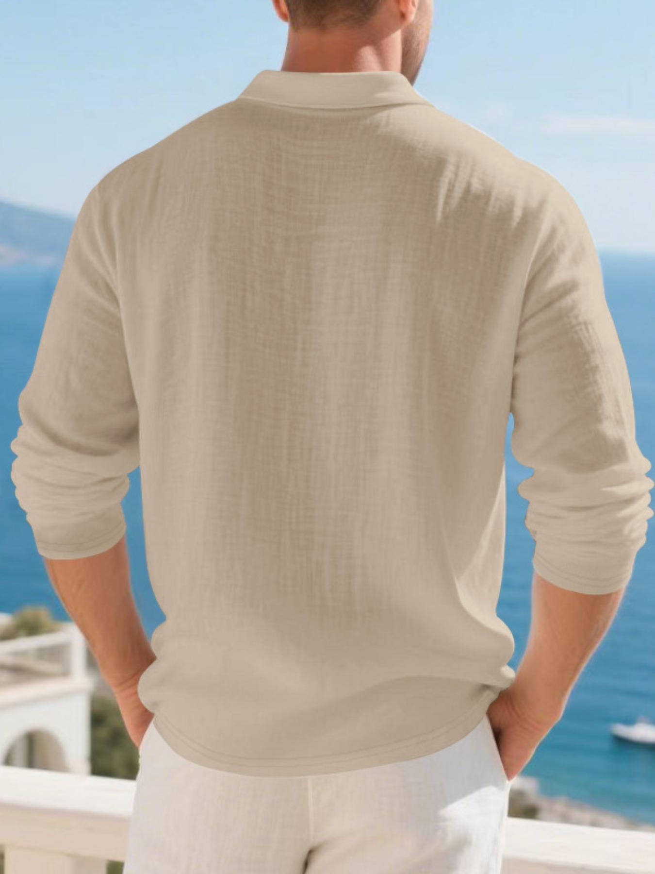 Men's Linen Long Sleeve Polo Shirt, Beach Vacation Style, Skin-Friendly Breathable Loose Fit, Casual Spring & Fall Wear, Menswear