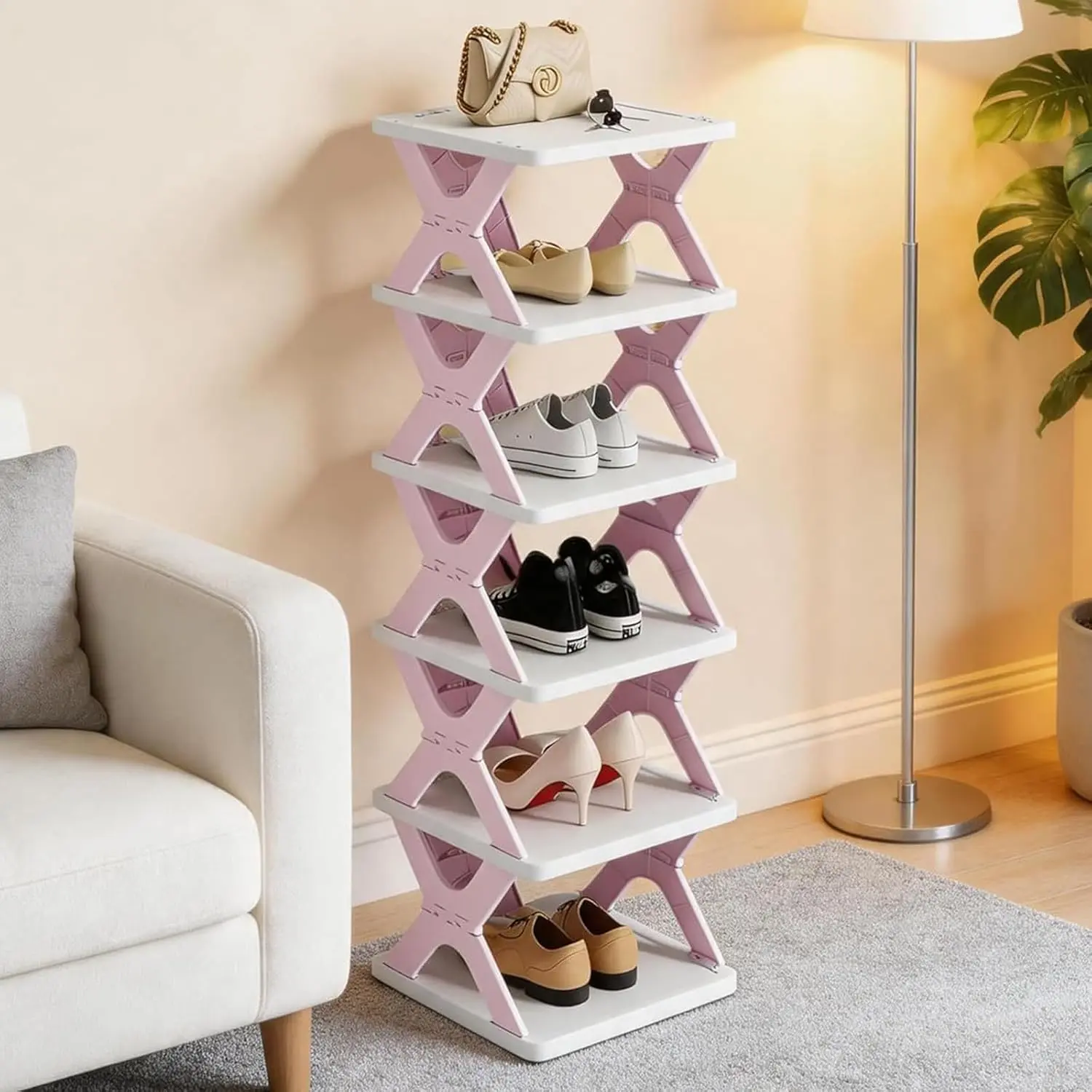 6 Tier Kids Shoe Rack, Collapsible Shoe Rack for Kids' Rooms, Foldable Vertical Shoe Organizer for Front Door Entrance, Compact Shoe Storage Shelf for Narrow Spaces
