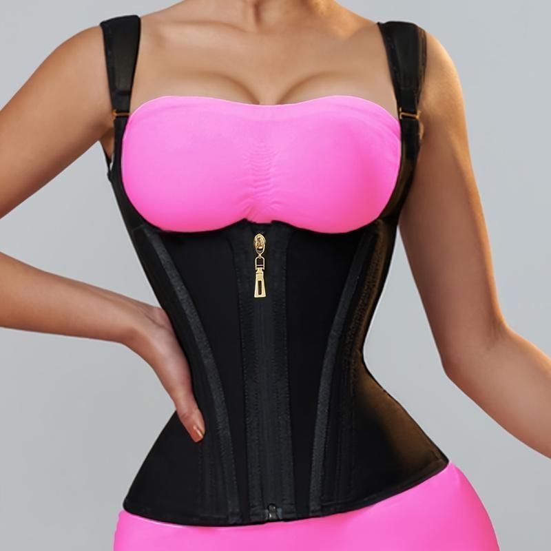 Waist Trainer Corset for Women |       Adjustable shoulder straps and steel frame support |       Double Compression Shaper with Zipper Closure |       Fashionable black, smooth latex fabric |       Vest for Control of Abdomen, Can Enhance Posture and Wai
