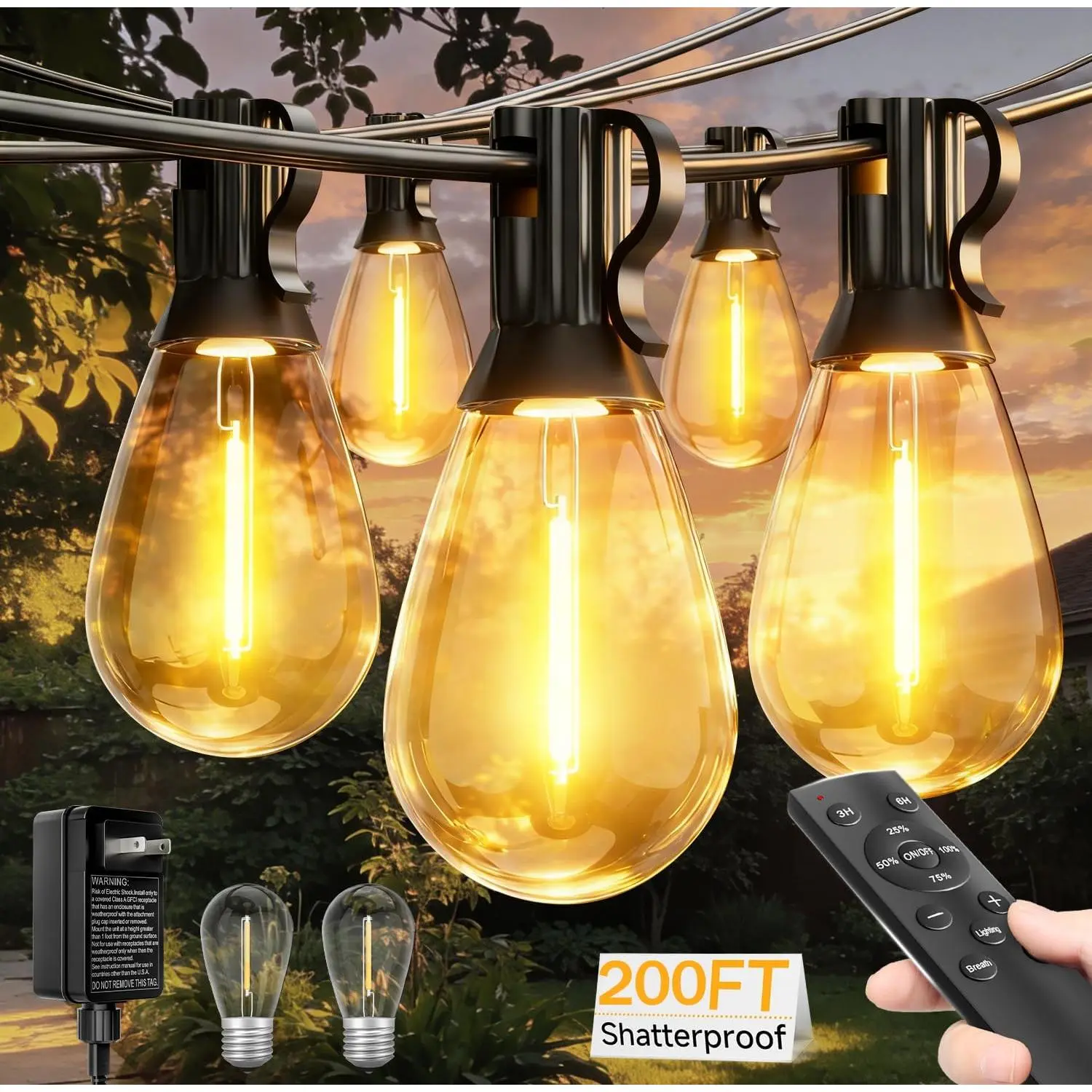 200FT LED Outdoor String Lights with Remote, 72+2 Shatterproof Bulbs Dimmable Timing 3 Light Modes, Patio Lights for Backyard Porch Deck Garden Balcony Pool Party Hanging Decor